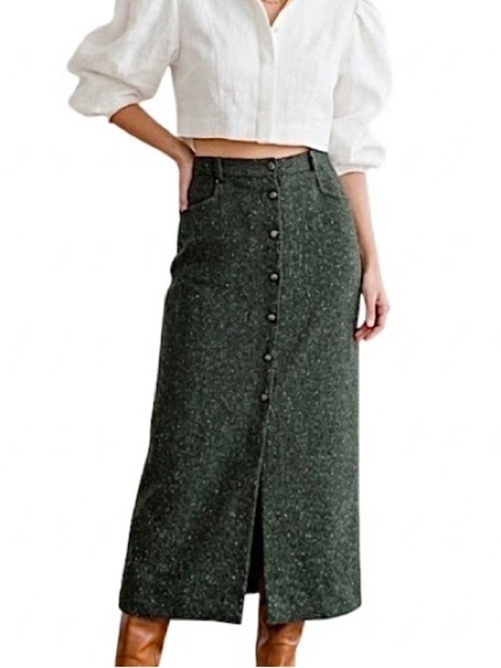 Vtg 80s 90s wool blend forest green tweed button front old money maxi skirt 13